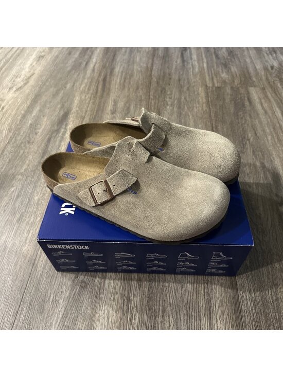NIB Birkenstock Soft Footbed Boston Taupe Suede Slide Sandal Shoes Men 8 EU 41